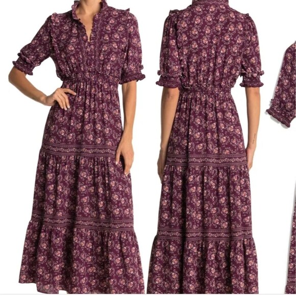 Max Studio Split Mock Neck Tiered Floral Print Maxi Dress Short Sleeves Size XL - Picture 1 of 11